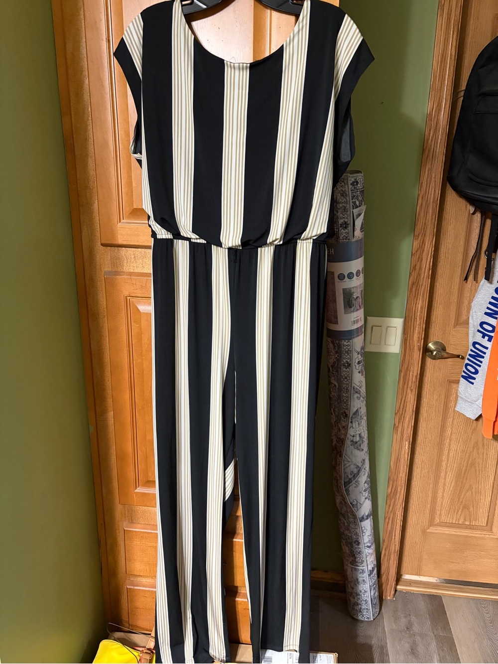 Enfocus Studio Black and Cream Vertical-Striped Wide-Leg Jumpsuit